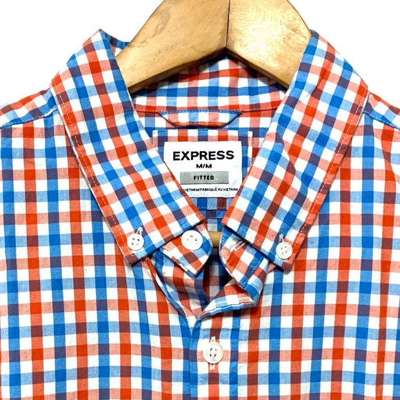 Express Fitted Shirt Medium Red Blue Plaid Long Sleeve Button Up Cotton - Picture 3 of 10